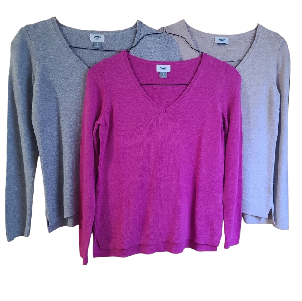 Women's Size SP Old Navy Fuchsia, Gray, Tan V-Neck Long Sleeve Sweater Bundle - Picture 1 of 15